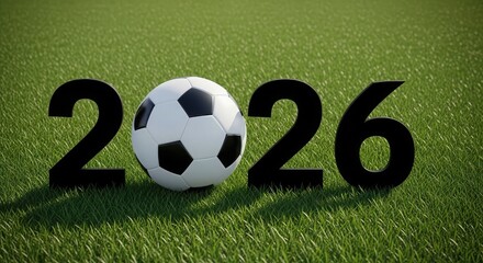 Obraz premium Soccer match day 2026 football field with ball and date