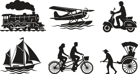 Obraz premium Vintage Transport Silhouettes Collection of Six Travel Modes in Minimalist Style