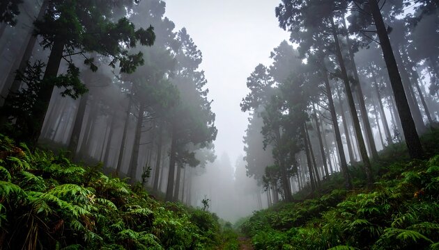 Misty Tall Pine Trees Rising in Foggy Forest Valley