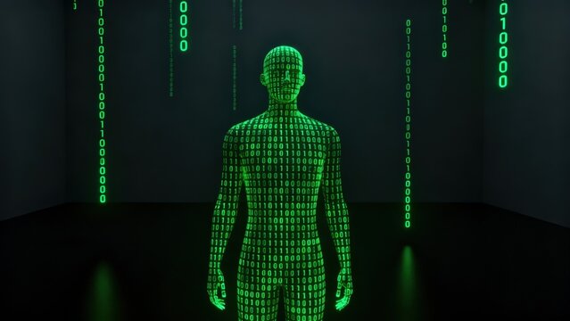 Human figure composed of binary code