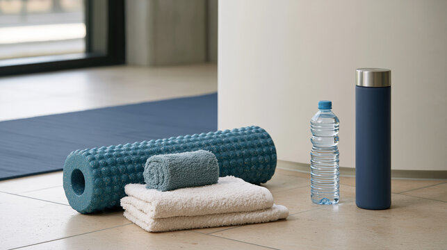 Foam roller towel water bottle fitness mat exercise gear recovery mobility workout blue indoor relaxation wellness sport training therapy