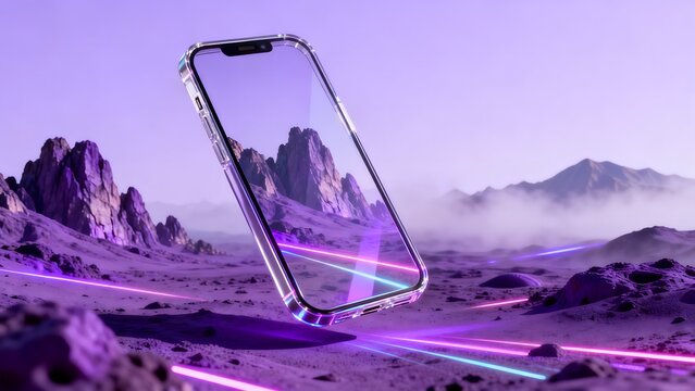 Floating phone in alien landscape
