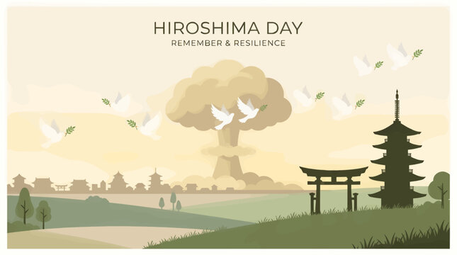Hiroshima Day Flat Illustration: Mushroom Cloud, Peace Doves with Olive Branches, and Japanese Pagoda Silhouette, Remembering Resilience
