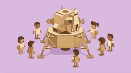 Isometric Cardboard Lunar Lander Model Surrounded by Diverse Children, Creative Play and Space Exploration Concept, Vector Illustration © Ardi Art Studio