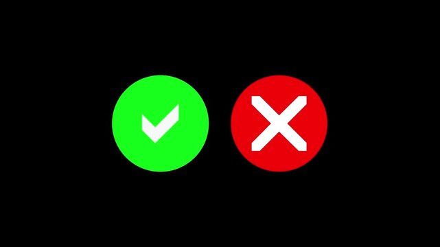 Modern approval and rejection symbol animation featuring check mark and cross icon on a dark background. Clean UI elements ideal for success, validation, verification, error messages, user interface 