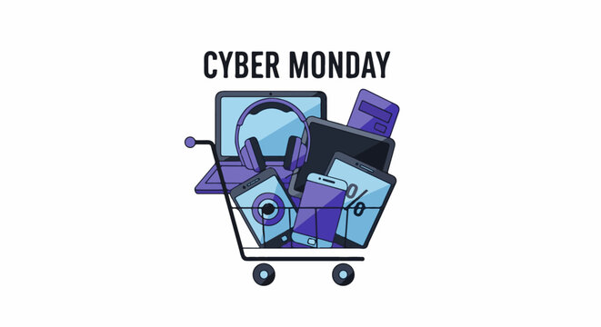 A shopping cart filled with various electronic devices, promoting a sale