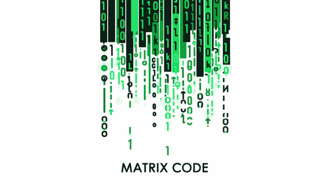 Abstract digital cascade of binary code streams in various shades of green on a white background