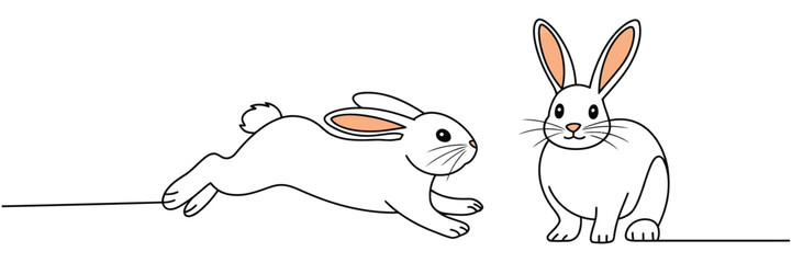 Fototapeta premium Continuous line drawing of two cute rabbits one running and one sitting isolated on a white background vector illustration.