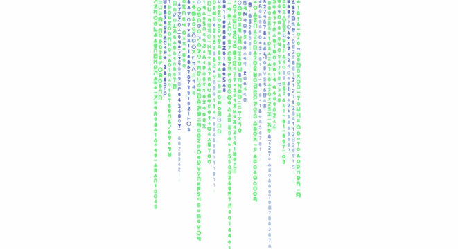 Digital cascade of green and blue symbols and numbers against a white background