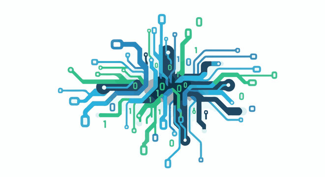 A digital circuit board with branching lines and binary code