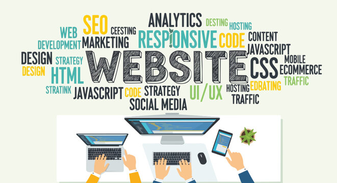 Top view of hands working on computer and phone, website and coding concept, suitable for web development, ui/ux design and online marketing campaigns.