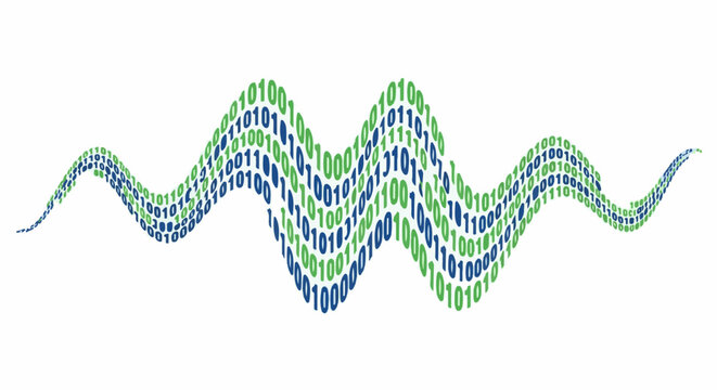 A vibrant wave composed of green and blue binary code flows across a white background
