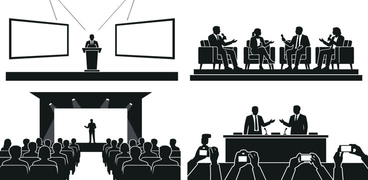 Business Conference and Public Speaking Icon Collection with Corporate Presentations, Panel Discussions, Press Conferences, Audience Engagement, and Professional Events