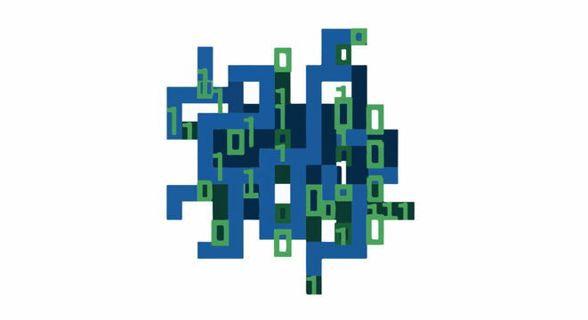 Abstract maze-like structure formed by interconnected dark and light blue blocks, interspersed with green binary digits