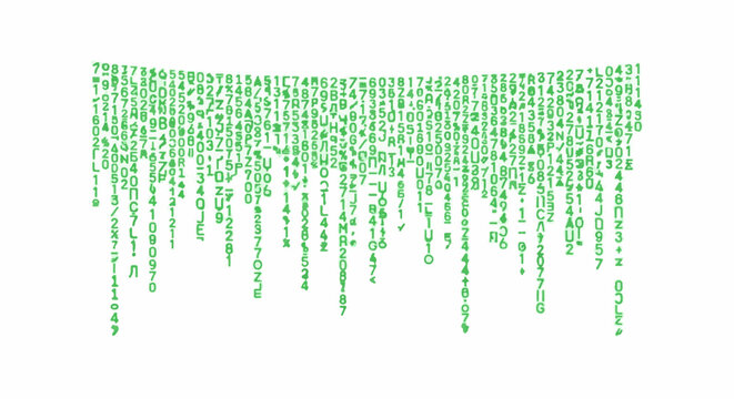 Green digital rain falling from top, composed of numbers, letters, and symbols