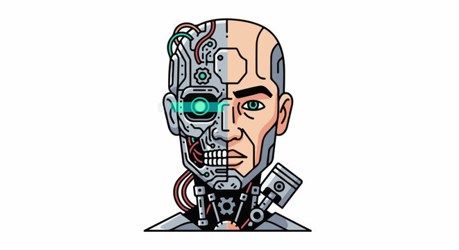 Bionic humanoid head, half human face, half mechanical cyborg