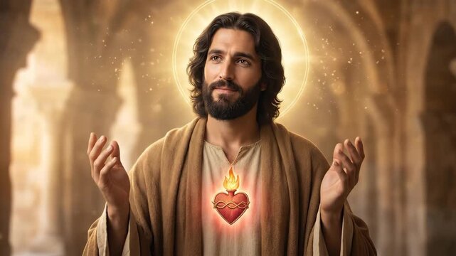 Jesus Christ with sacred heart showing mercy and blessing in old stone church. Religious icon style portrait of divine man with halo and flaming heart glowing.