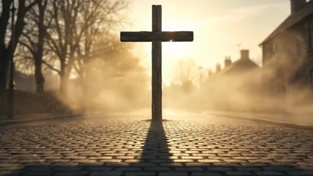 Wooden cross standing on cobblestone street at sunset. Religious symbol glowing in sunrise light. Spiritual concept of faith, hope and resurrection in town scene.