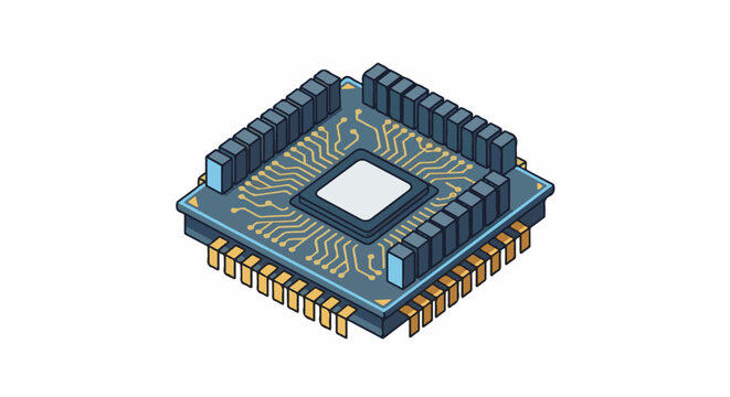 Detailed isometric illustration of a modern integrated circuit with golden circuit traces