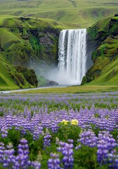 Fototapeta premium Majestic Skogafoss Waterfall in Iceland with Vibrant Purple Lupine Flowers in the Foreground and Lush Green Cliffs