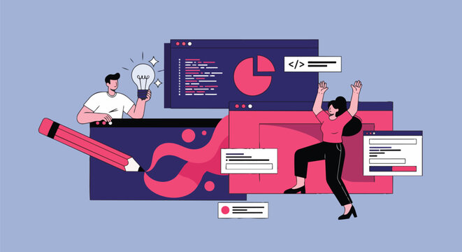 Vibrant cartoon illustration with programmer and creative tools, ideal for software development, design concepts and coding tutorials.