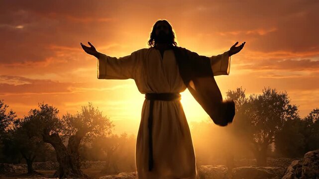 Jesus Christ standing with outstretched hands in olive garden at sunset. Silhouette of savior in robe during golden hour. Biblical religious scene for worship.