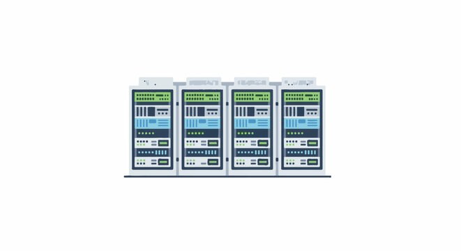 Four server racks with blue and green components are displayed against a white background
