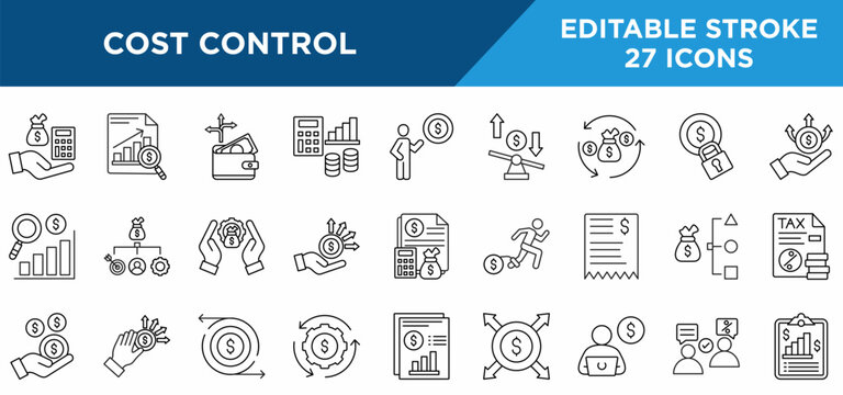 Cost control  line icons set with cost analysis, cost, variable cost, budget, expense, capital, roi, fixed cost, structure, and funding concepts. Editable stroke vector collection.	