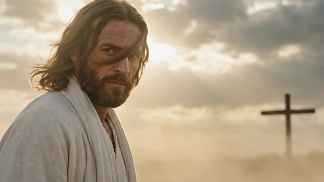 Jesus Christ standing in field near wooden cross. Spiritual man with long hair looking at sunset light. Biblical religious scene for prayer and meditation faith.