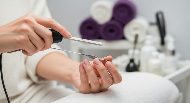 Closeup of a manicurist filing a clients fingernails with a nail file.