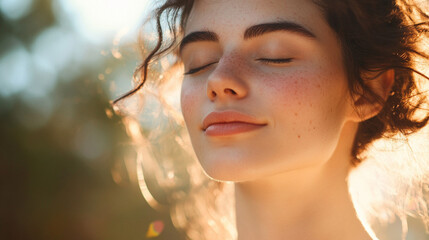 Fototapeta premium Close-up of a young woman with eyes closed in peaceful gratitude, bathed in soft sunlight, spiritual connection and divine love concept, realistic stock style