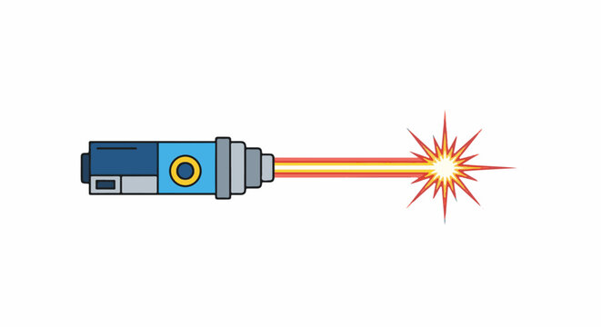 A futuristic device emitting a vibrant, multi-colored beam of light with an explosive effect