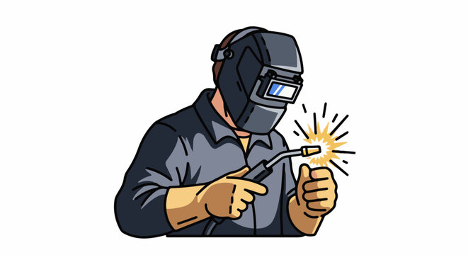 Person in protective gear welding with a bright spark