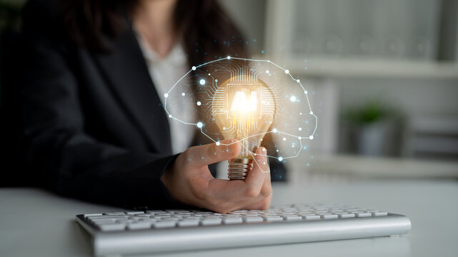 A concept of a deep learning neural network. The AI processor acts as the core of a digital brain, representing the complex algorithms and connections of machine learning. Fermion