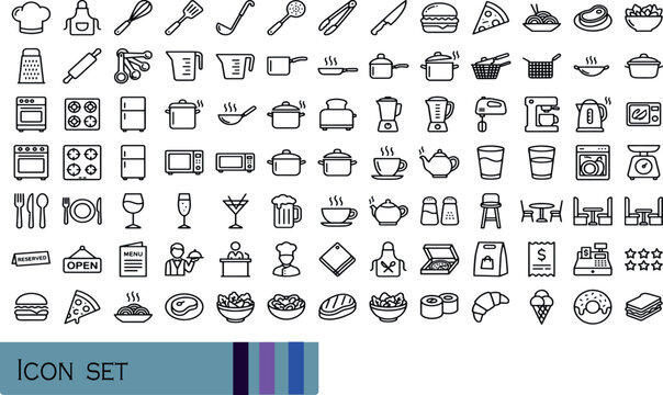 Print Kitchenware Dining and Food Delivery Icons - Ultimate Line Vector Set for Restaurant Menus Home Cooking Tools Household Appliances Cafe Catering and Fast Food Items