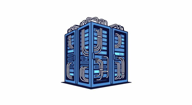 A cluster of blue server racks with intricate white cabling