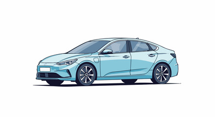 Obraz premium A light blue four-door sedan with tinted windows and alloy wheels, isolated on a white background