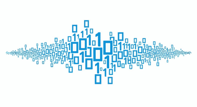 A cloud of blue binary digits, zeroes and ones, floats and disperses horizontally