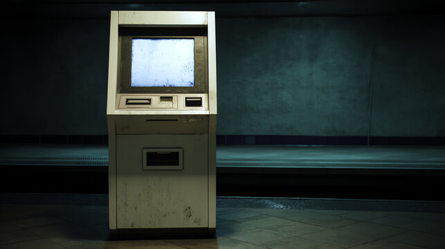 An old ATM machine stands alone in a dimly lit room, showcasing signs of wear and age. A modern relic in an urban setting.