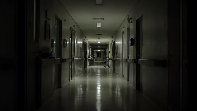 A dimly lit hospital corridor evokes feelings of mystery and solitude, highlighting the stark contrast between light and shadow.