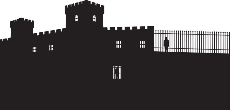 Silhouette of a medieval castle with towers and a prison gate with a prisoner standing behind bars vector art