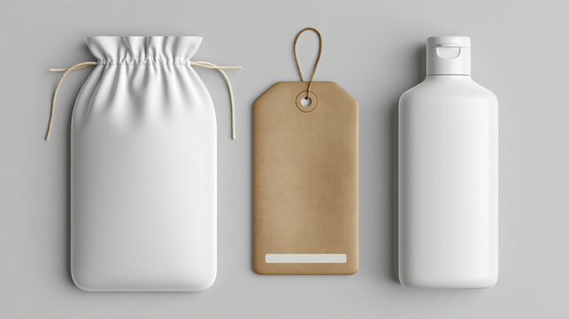 Matte pouch kraft tag plastic bottle mockup on gray background, clean package set with blank label