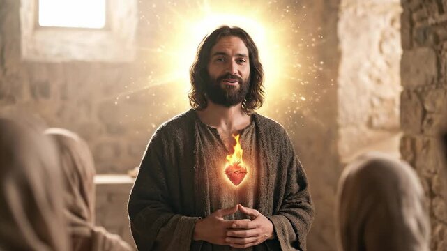 Jesus Christ teaching disciples in ancient stone room. Sacred figure with glowing heart and halo blessing group. Biblical scene for catholic religious concept.