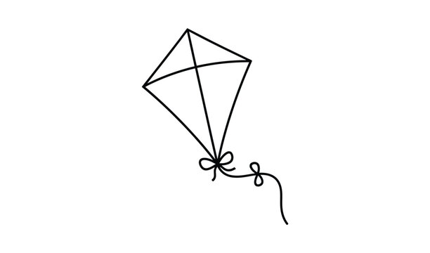 Simple black and white sketch of a kite featuring a diamond shape and curly tail design on plain background.