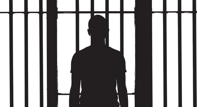 Silhouette of a man standing behind prison bars vector art