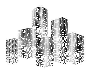 Obraz premium Building City Vector Futuristic urban skyline with neon-lit skyscrapers and geometric shapes creating dynamic digital landscape for business innovation presentations