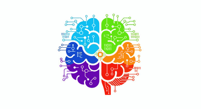 Colorful brain illustration with digital circuitry and binary code patterns