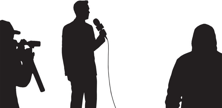 Silhouettes of a news reporter with a microphone and a cameraman vector art