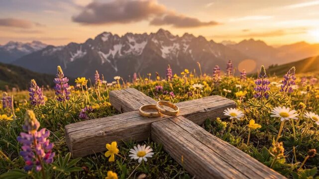 Two gold wedding rings placed on wooden cross in mountain meadow. Floral landscape with daisy and lupine at sunset. Concept of marriage vows and faith devotion.