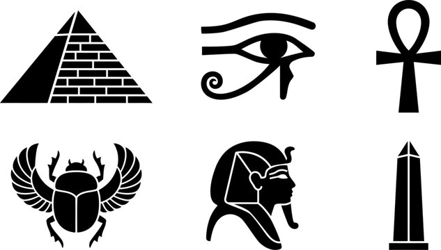 Black Silhouette Icons of Ancient Symbols and Mythology on White Background